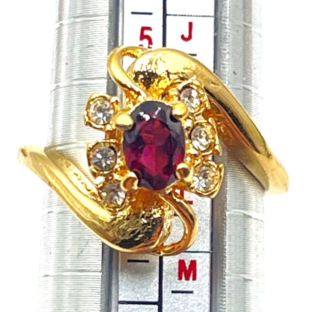 Garnet Gold Electroplate Bypass Cocktail Ring Size 7.75 Clear Rhinestone Accents